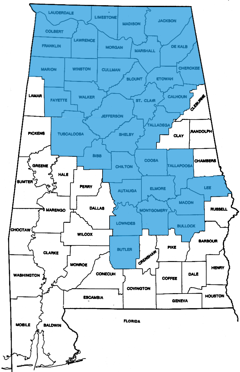 Map of the Alabama counties ALM serves from its four offices