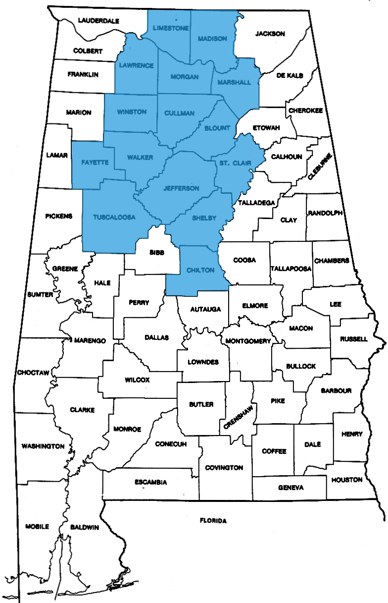Map of Alabama counties served by ALM Birmingham
