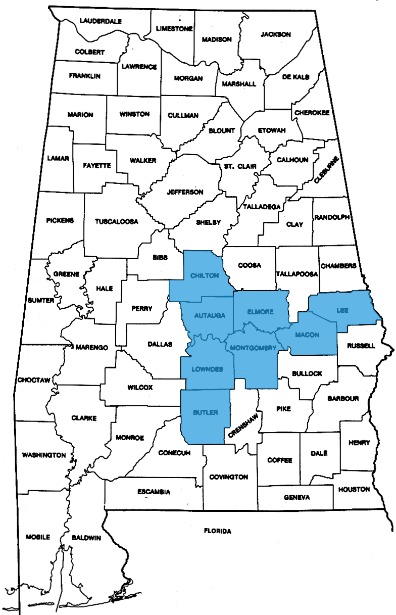 Map of Central Alabama counties served by ALM Montgomery